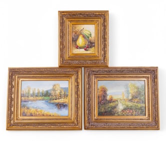 2 Paintings w/ Country Scenes & Still Life Fruit