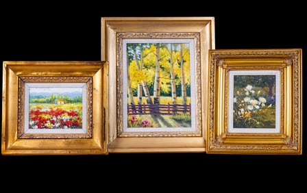 3 Landscape / Floral Paintings Gold Tone Frames