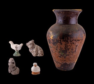 Redware Vase & Vintage Cement Garden Figurines