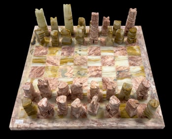Marble & Green Onyx Chess Set w/ Board