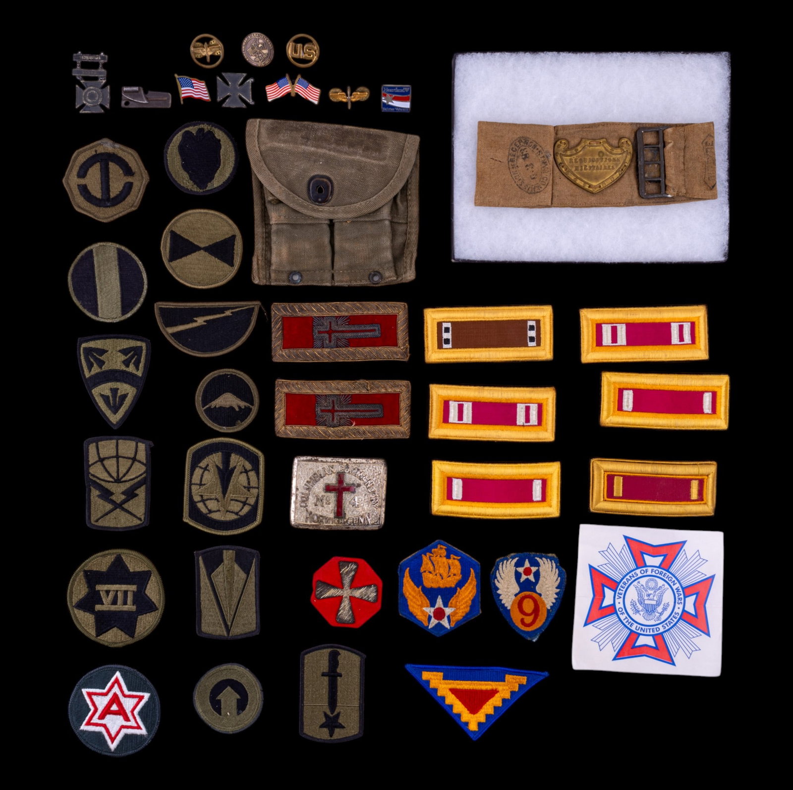 WWI, WWII & Other Insignia & Badges: WWI French Supply Troops arm band dated 1883, Vanguard shoulder boards, ammo belt pouch and patches.