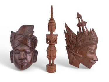 Carved Masks w/ Balinese Rama + Buddha Statue