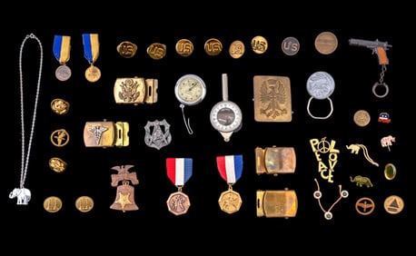 Brass Belt Buckles, Medals, and Pins