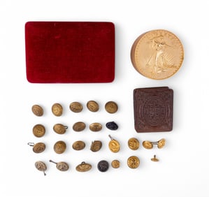 Military Buttons, Bulova Clock, Tin Type Case