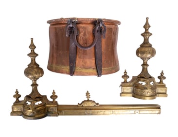 Brass Fireplace Barrier and Copper Ash Bucket
