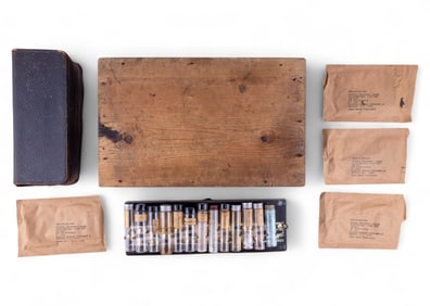 Vintage Glass Bottles, Wooden Box, Forceps