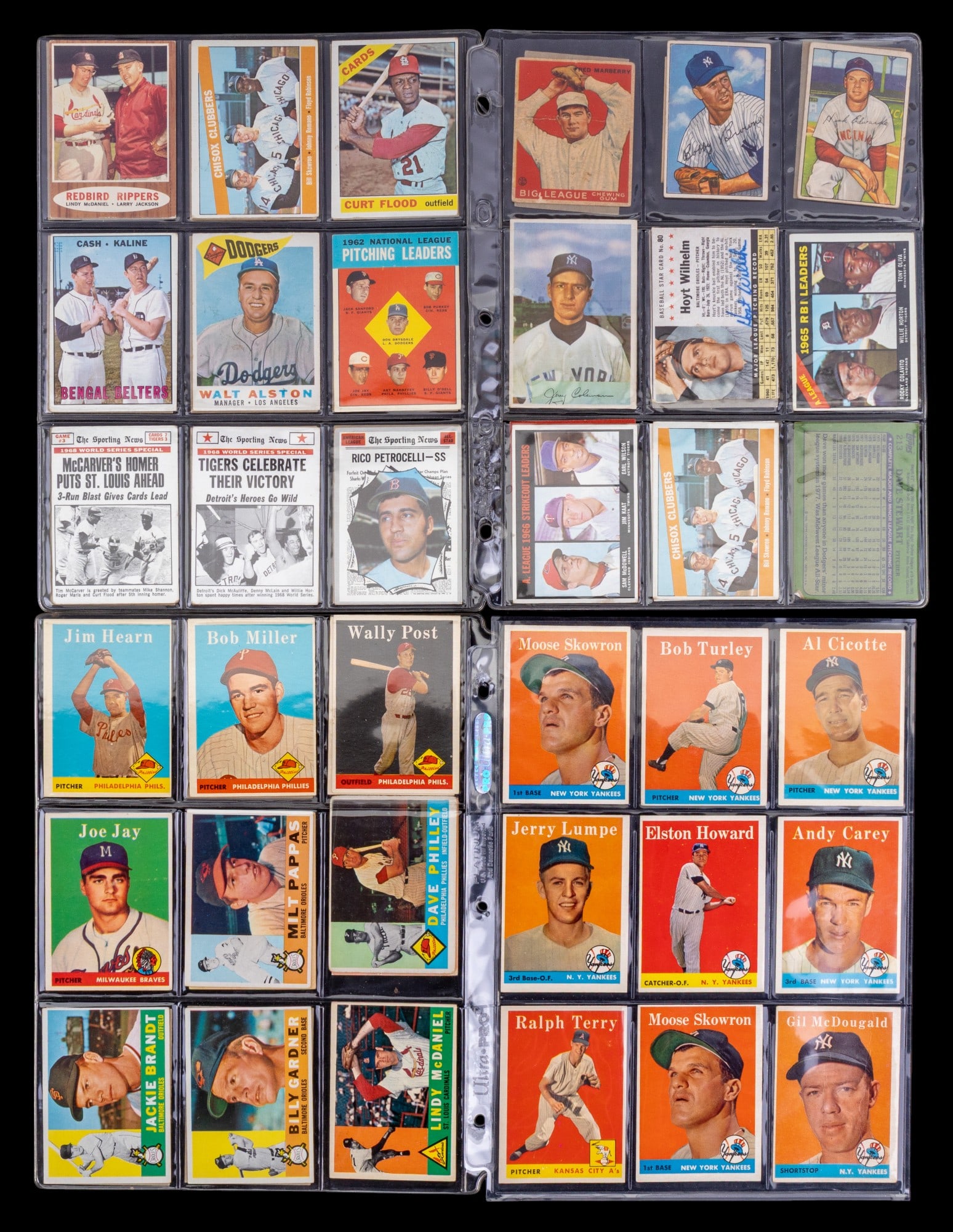 MLB 1950s/60s Topps Baseball Trading Cards (57): Group of 57 vintage 1950s, 1960s, & a few later Major League Baseball cards in sleeves. Most are 1950s Topps cards. Some cards recognize statistic leaders & some iconic World Series moments. Players i