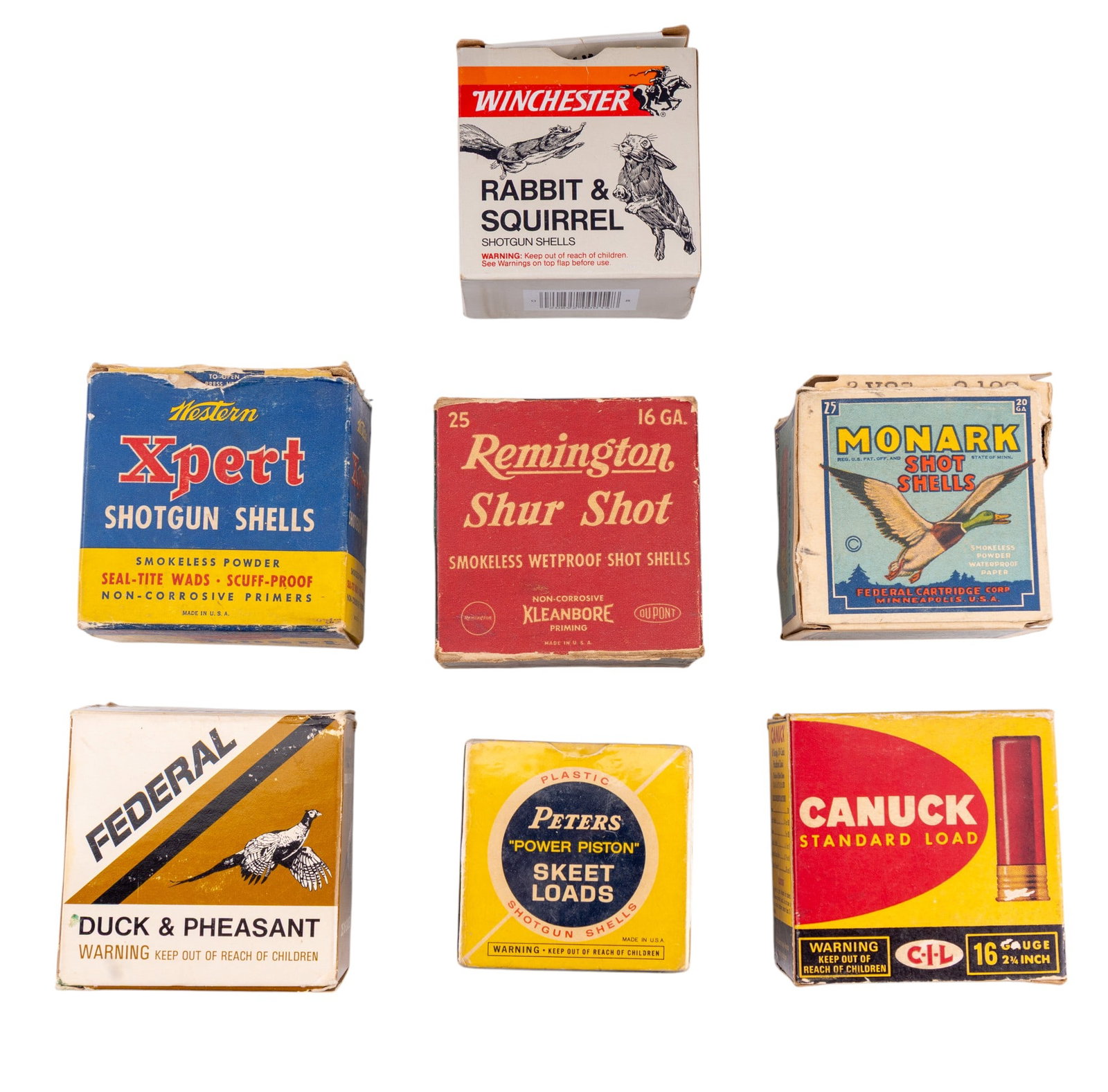 Winchester, Remington, More Vintage Shotgun Shells: Collection of vintage shotgun shells in original boxes including Winchester Rabbit & Squirrel, Remington Shur Shot, Peters "Power Piston" Skeet Loads (in shrink wrap), Monark, Canuck Standard Load, We