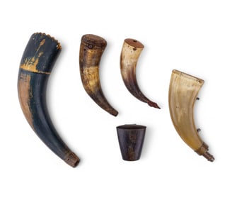 Early Powder Horns (4) + Container w/ Clip