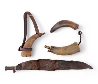 Early Powder Horns (3) + Leather Powder Flask