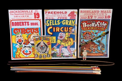 Carnival Sticks, 3 Posters, Program, Whip, & Clown