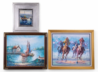 Two Impressionist Boat Paintings & a Horse Racing