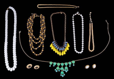 Crown Trifari, Trifari, Napier, Castlecliffe +: Grouping of costume jewelry including Crown Trifari white panel bead necklace, Castlecliffe white beaded necklace, two pairs of Napier costume jewelry earrings (one with housed rhinestones), two J. Cr