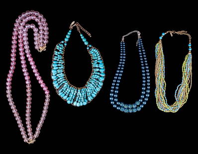 Pink Glass Bead Statement Necklace, Turquoise, +: Grouping includes a pink glass beaded three strand necklace marked "c" with approx. 10" drop, multi-strand beaded necklaces (one with rhinestones marked LMN), and a howlite/turquoise chunk statement n