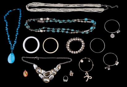 Tray of Costume Jewelry With Rhinestones and Turqu