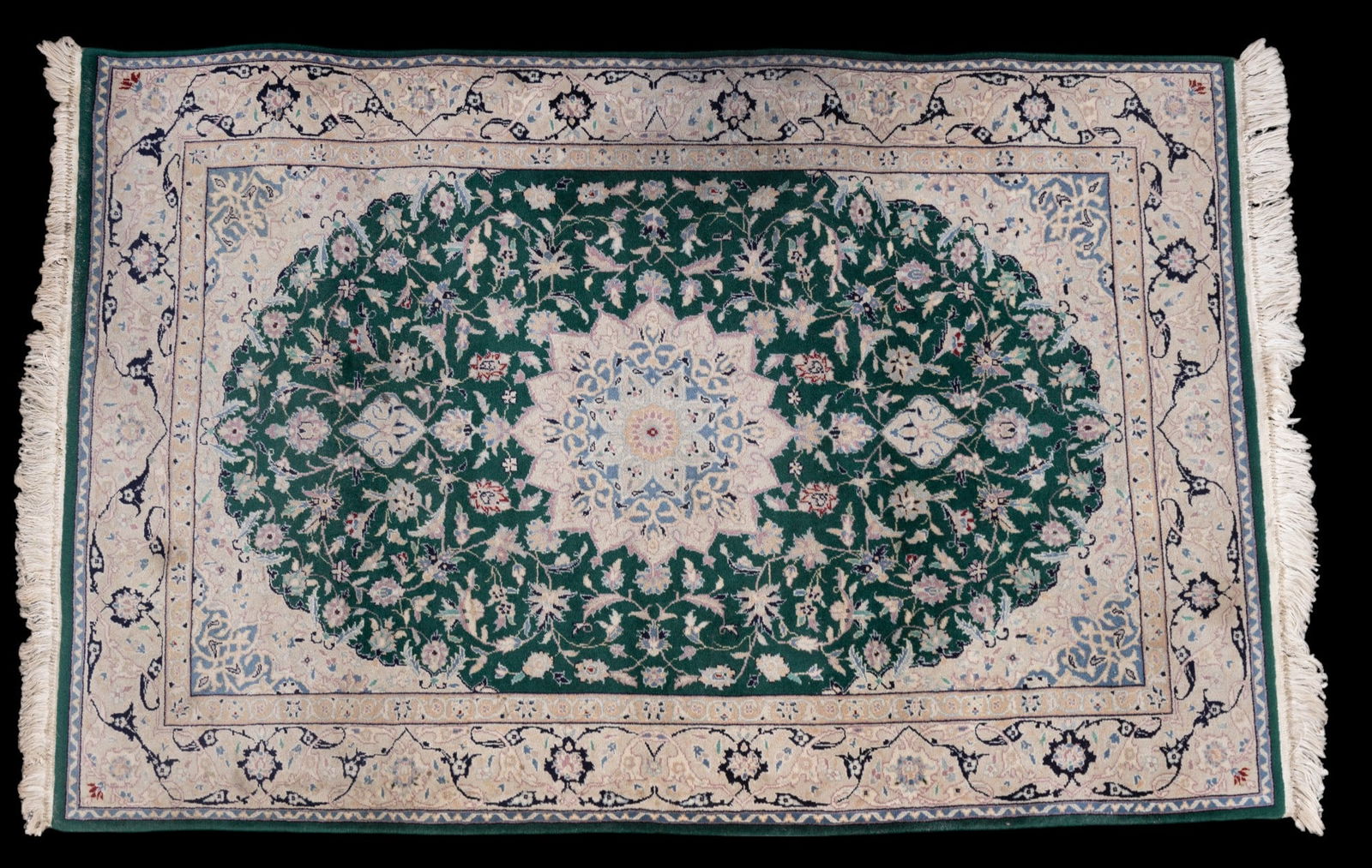 Persian Nain Wool Rug: Persian Nain wool rug approx. 6' x 4' w/ medium green, dark blue, livid blue-grey, dull pink, red, brown, tan, & ivory patterns w/ floral motifs. See photos for further details. *All rugs / carpets ar