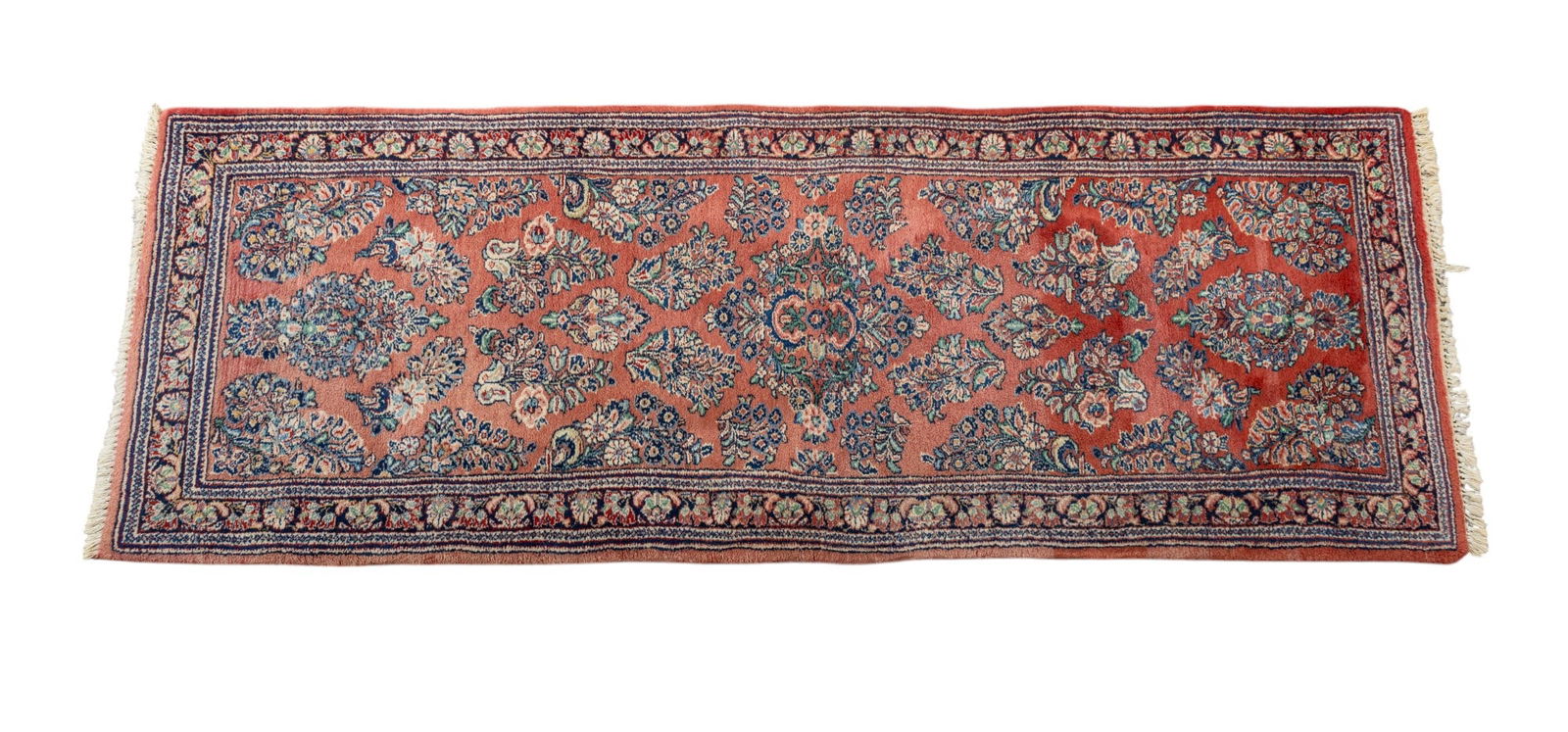 Persian Sarouk Runner Rug: Persian runner rug, Sarouk, approx. 7'9" x 2'9" w/ red, dark blue, livid blue-grey, green, dull pink, brown, tan, & ivory patterns w/ floral motifs. See photos for further details. *All rugs / carpets