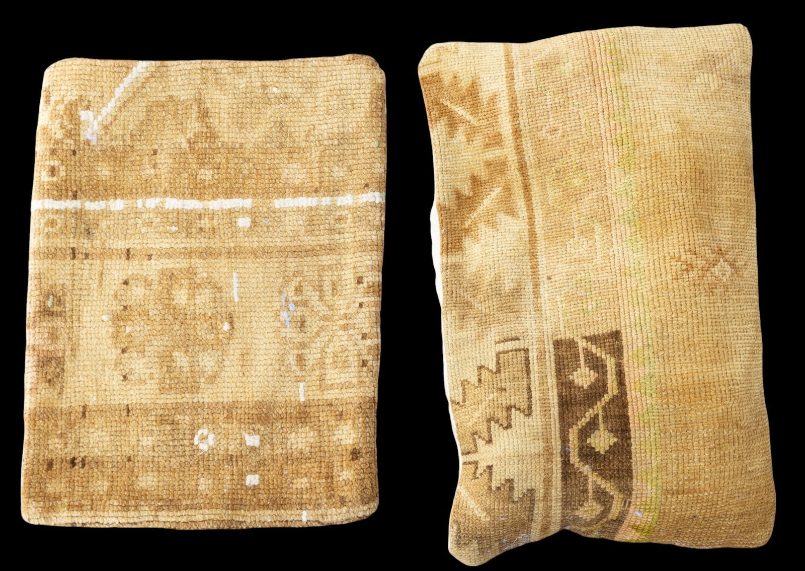 Persian Pillow + Case: Persian pillow + case. Pillow is approx. approx. 1'11" x 1'3" w/ brown, tan, & ivory patterns w/ geometric motifs. See photos for further details. *All rugs / carpets are used & come from fine estates