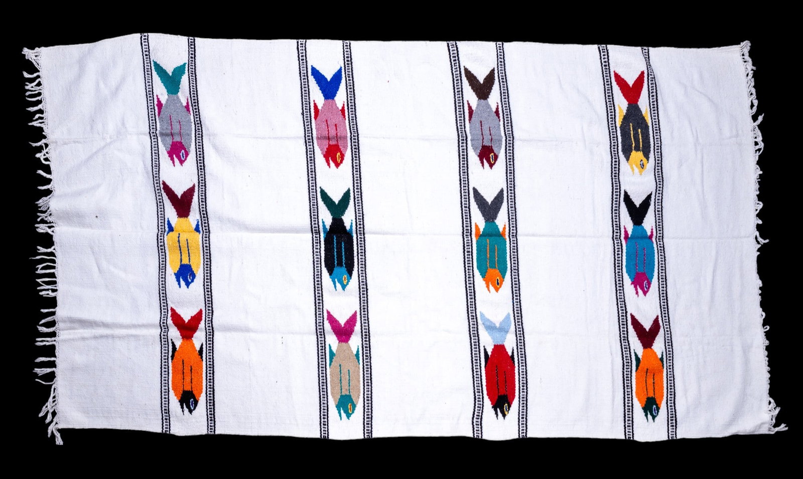 Hand-Woven Native American Northwest Fish Blanket: Hand-woven Native American, possibly from northwestern Oregon, blanket approx. 6'10" x 3'9" w/ design of 12 multi-colored fish depicted within border weaving.. See photos for further details. *All rug
