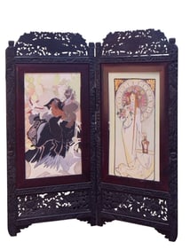 Carved Wood 2-Panel Screen with Paintings
