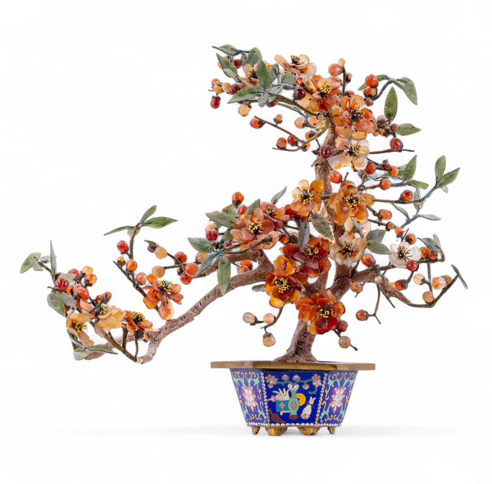 Chinese Jade Tree w/ Cloisonne Hexagonal Base: Chinese jade tree w/ green jade leaves, white & orange jade flowers, & red & orange jade fruit. Tree comes in a hexagonal blue cloisonne base w/ flower & vase designs. Item measures approx. 14.75" tal