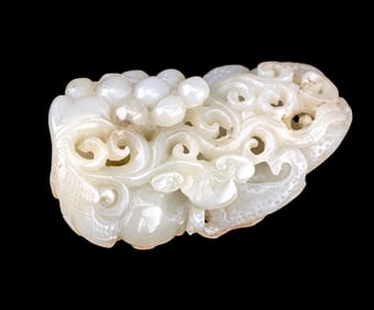 Chinese White Jade Pendant w/ Grapes & Ruyi Symbol