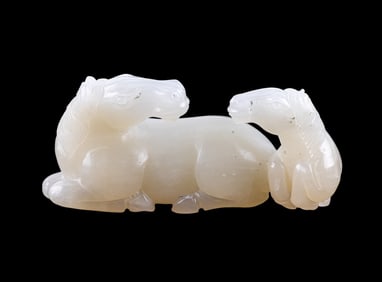 Chinese Carved White Jade Horse w/ Foal Figurine
