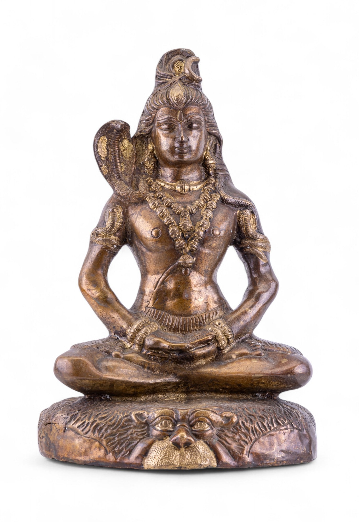 Bronze Shiva Hindu Statue w/ Tiger Base & Cobra: Bronze statue of the Hindu god Shiva, one of the principal deities of Hinduism who is known as the destroyer and transformer within the Trimurti. Shiva is depicted traditionally in a meditative pose w