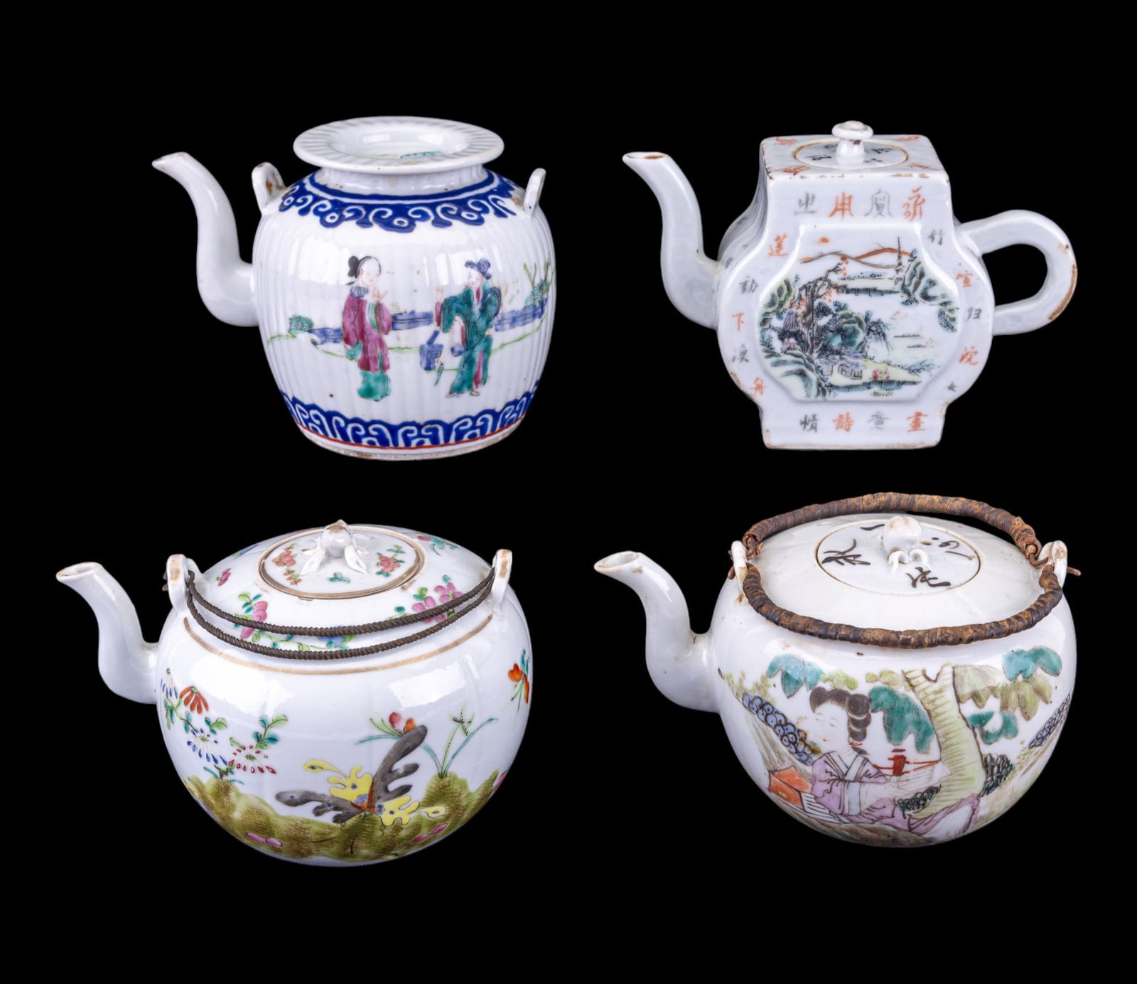 Chinese Export Porcelain Floral Teapots (4): Collection of 4 early Chinese export porcelain teapots featuring botanical, architectural, bird, butterfly, & human designs. 2 teapots have a calligraphy poem / descriptive text on the body. Tallest t