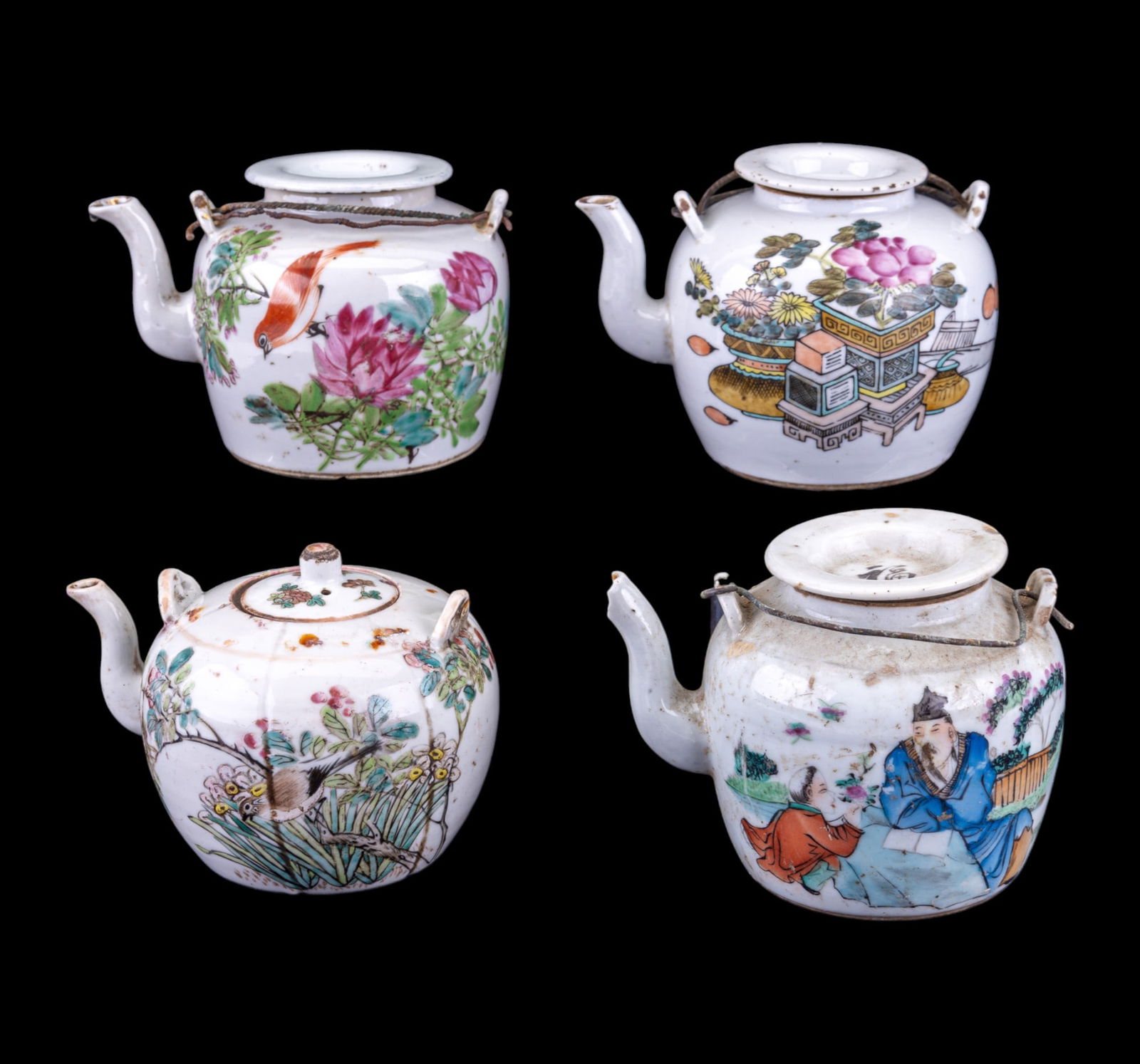 Chinese Export Porcelain Floral Teapots (4): Collection of 4 early Chinese export porcelain teapots featuring botanical, bird, feng shui, & human designs. Each teapot has a calligraphy poem on the opposite side of the design. One teapot has a ch