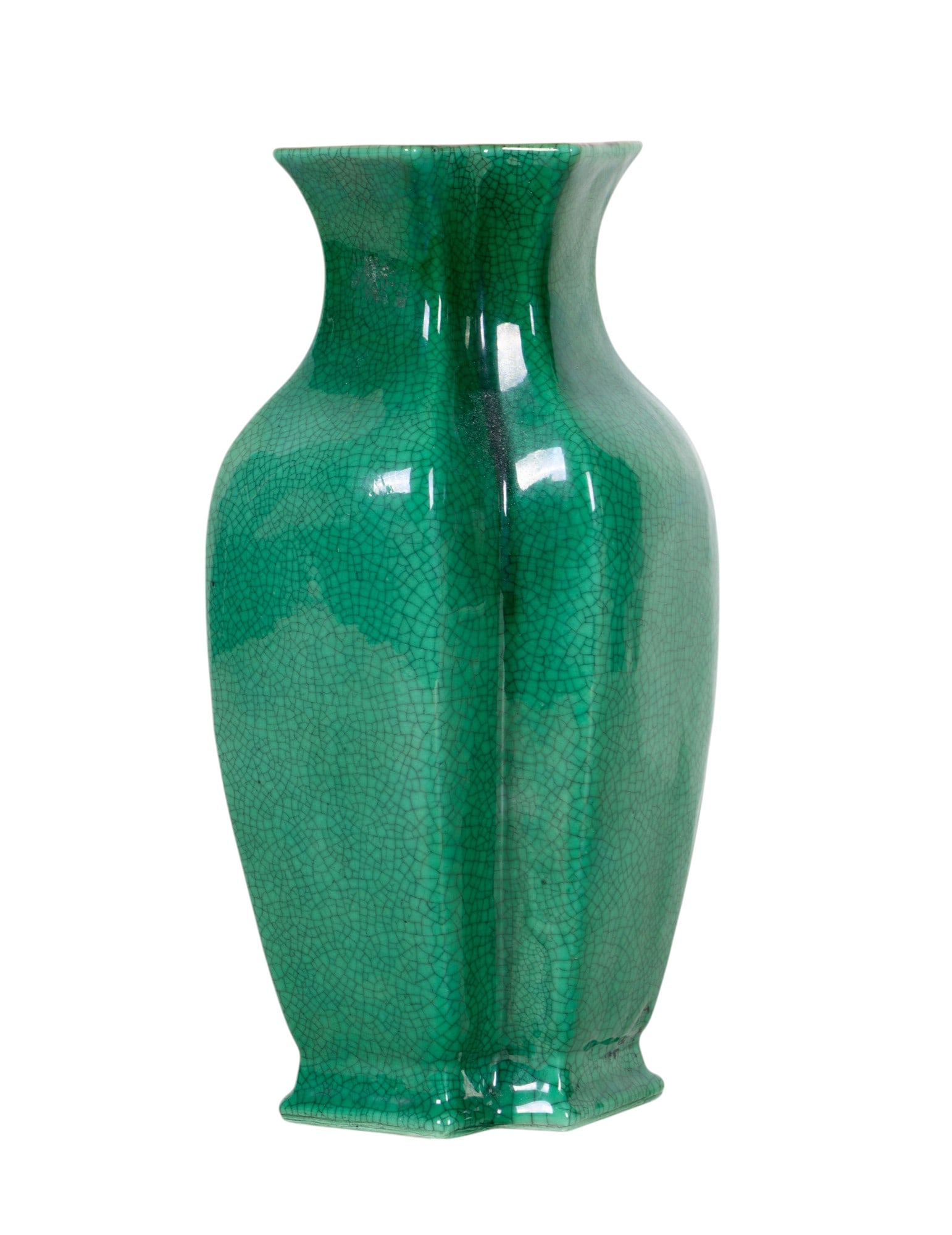 Chinese 19th/20th C. Crackled Green Conjoined Vase: Chinese 19th century or early 20th century porcelain Shuanglianping or Taoping conjoined / double flower vase w/ emerald green crackle glaze. Item measures approx. 12" tall, 4" x 4.5" at mouth, & 5" x