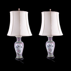 Chinese Famille Rose Vase Table Lamp Pair