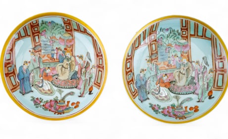 Chinese Famille Verte Bowls w/ Emperor Scene
