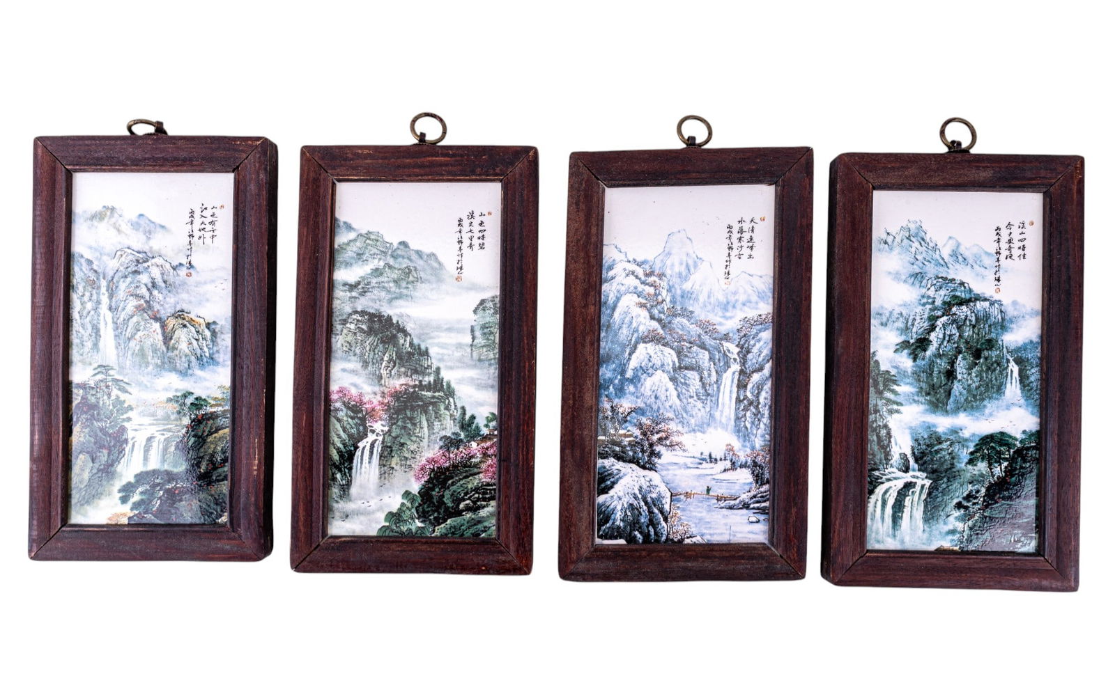 Chinese Ceramic Hanging Transferware Screens (4 ): Set of 4 Chinese ceramic hanging transferware screens. Each screen features a mountainous landscape design w/ waterfalls & calligraphy inscriptions. Wood frames measure approx. 11.25" long x 6,25" wid