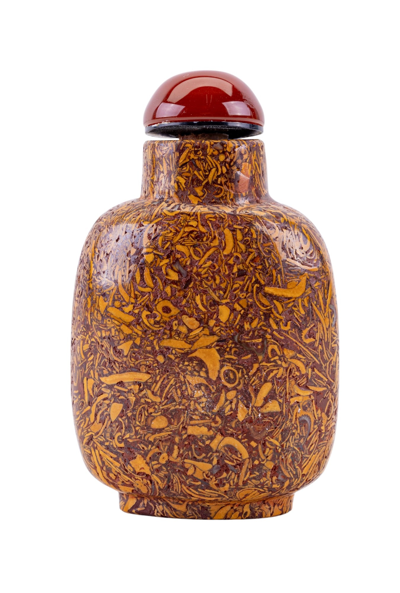 Chinese Puddingstone Snuff Bottle w/ Carnelian Top: Chinese light brown & orange-tan puddingstone snuff bottle w/ carnelian top. Item measures approx. Item measures approx. 3" tall, 2" wide, & 1.25" deep. See photos for further details.