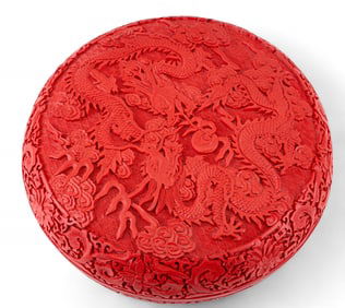 Chinese Cinnabar Style Round Box w/ Dragons