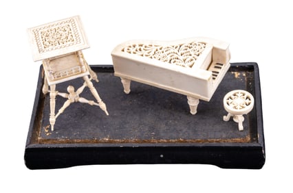 European Carved Bone Piano w/ Stool + Table