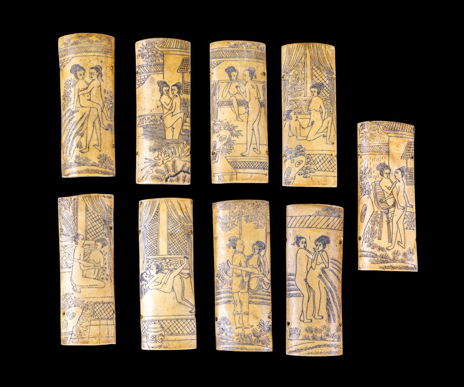 Chinese Carved Bone Erotica Shunga Panels (9): Collection of 9 Chinese carved bone / natural material Shunga scrimshaw panels depicting erotic scenes of a man & a woman in various positions in a patio / outdoor setting. Each panel measures approx.
