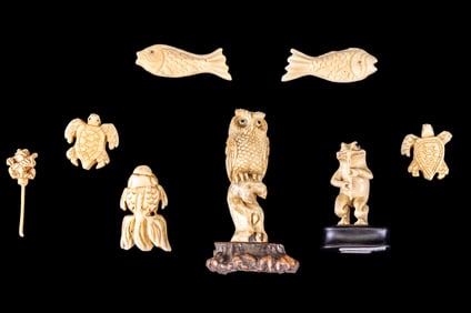 Japanese Netsuke Fish & Turtles + Frog & Owl Pcs.