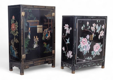 Chinese Lacquer Cabinets (2) w/ Painted Designs