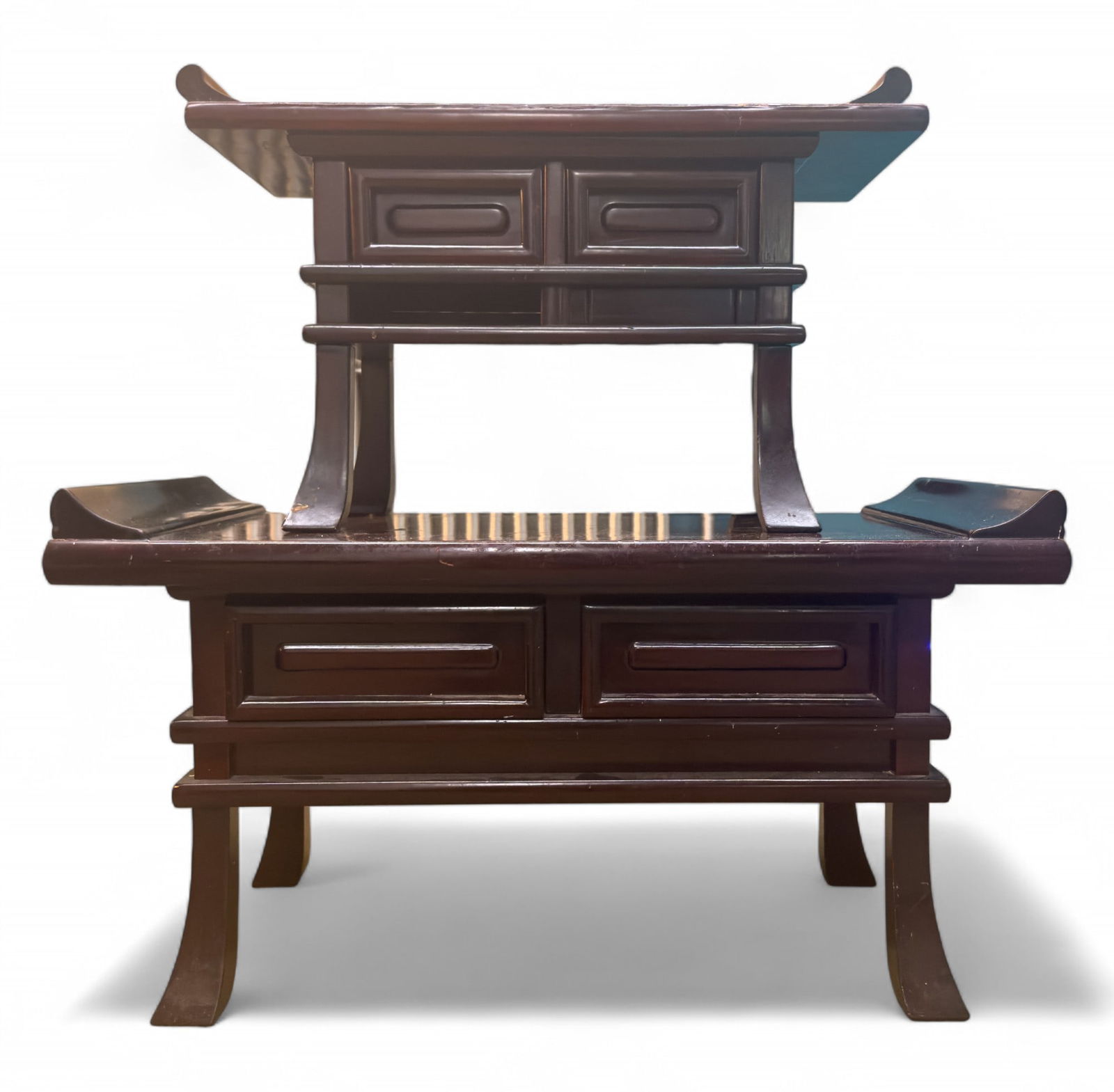 Chinese Altar Table Pair: Pair of Chinese or Japanese altar tables or console tables w/ curved design elements & 2 drawers in each table. The smaller table needs repair for the detached top & the detached part at the top right
