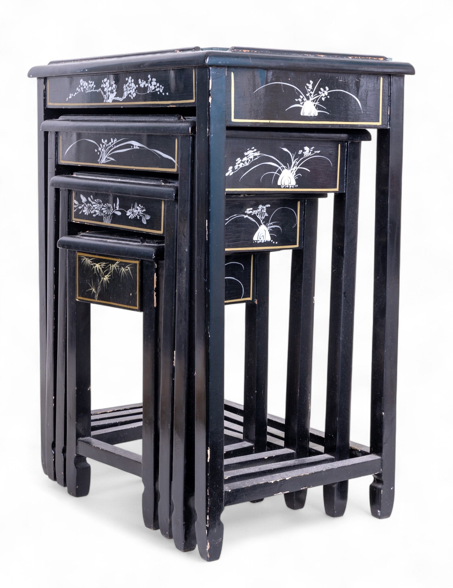 Chinese Nesting Tables (4) w/ M.O.P. Women Designs: Set of 4 Chinese lacquered nesting tables w/ raised designs of women w/ decorated mother-of-pearl clothing. The number of women on the table correlates w/ the size of the table, the largest having 4 w