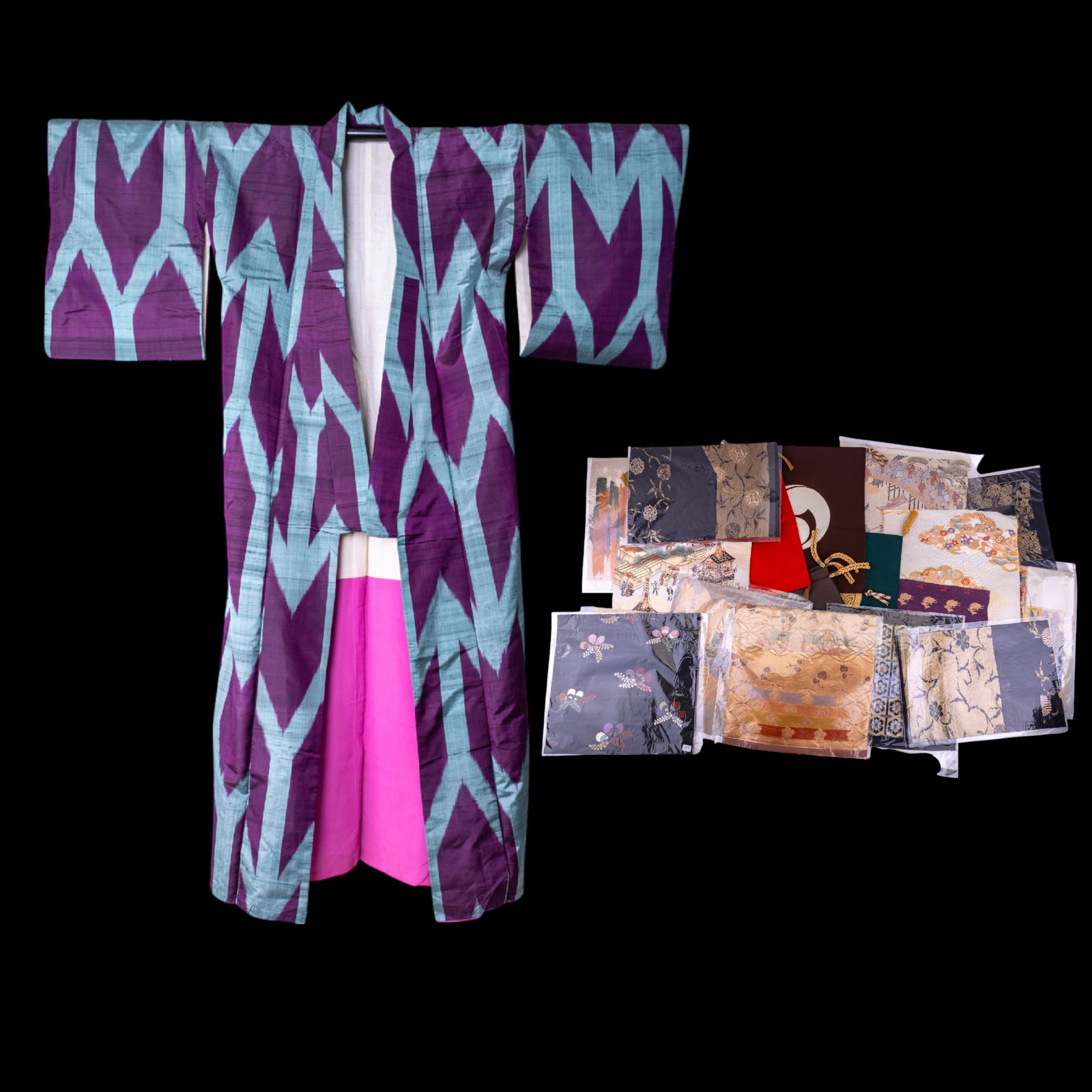 Asian Fabric Squares & Table Cloths: Collection of 12 Asian fabric squares, 4 pillow cases, & a light blue & purple robe. Textile pieces feature various animal, floral, & figural designs . Red pillow case measures approx. 13.5" x 13.5".