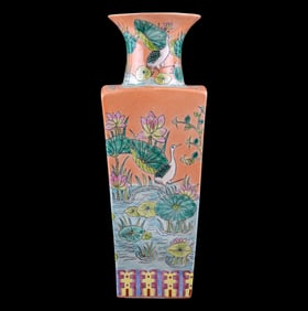 Chinese Famille Rose Rouleau Vase w/ Stork Design