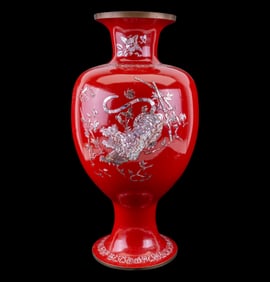 Asian Red Lacquered Baluster Vase w/ M.O.P. Dragon