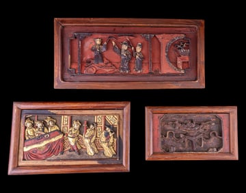 Three Figural Carved Asian Panels