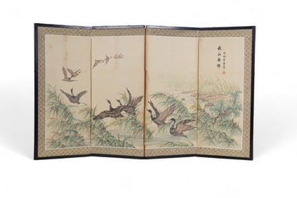 Four-Panel Chinese Folding Screen w/ Waterfowl