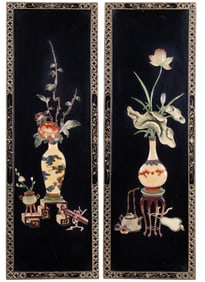 Chinese Lacquered Wall Panels w/ Feng Shui Vases