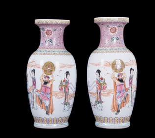Chinese Famille Rose Rouleau Vase Pair w/ Nobles