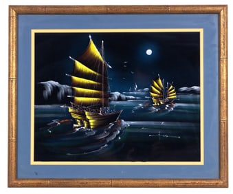 Asian Acrylic Painting on Velvet, Signed, Framed